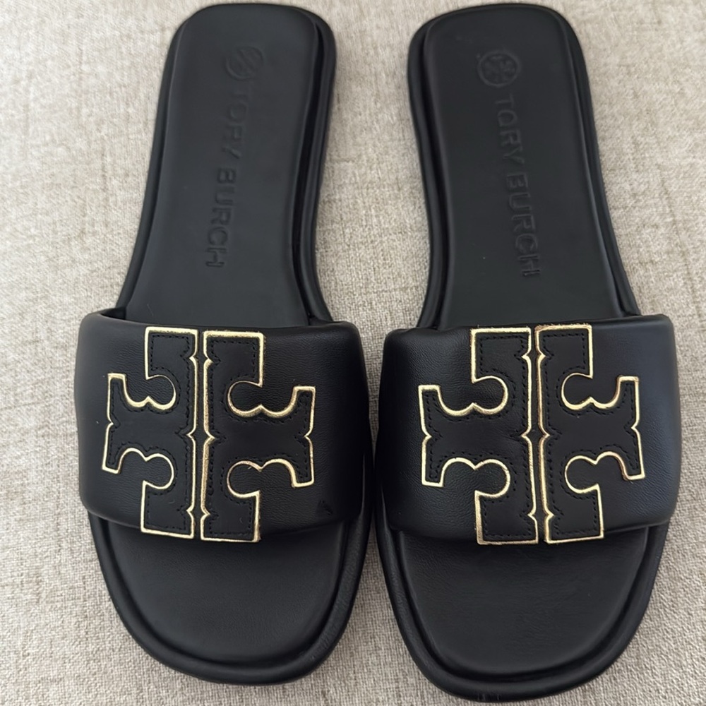 Tory Burch Black and Gold - Double Sport Slide Sandals